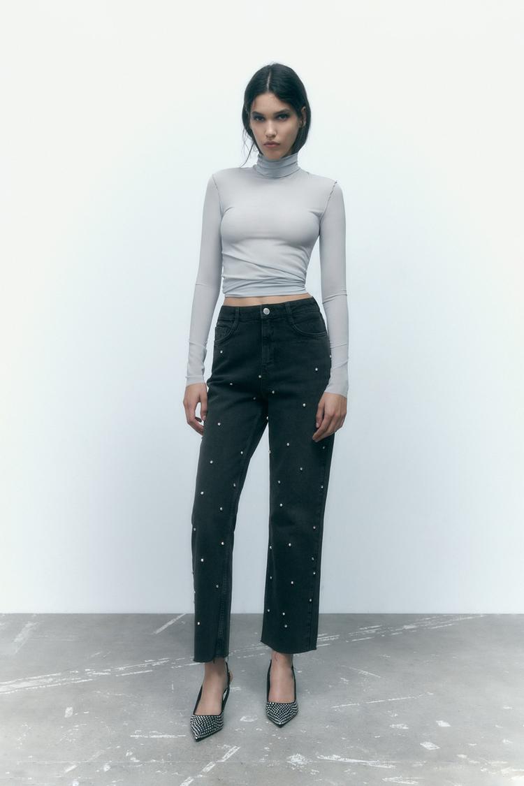 Z1975 HIGH RISE STRAIGHT CROPPED JEWEL JEANS - Black | ZARA United States